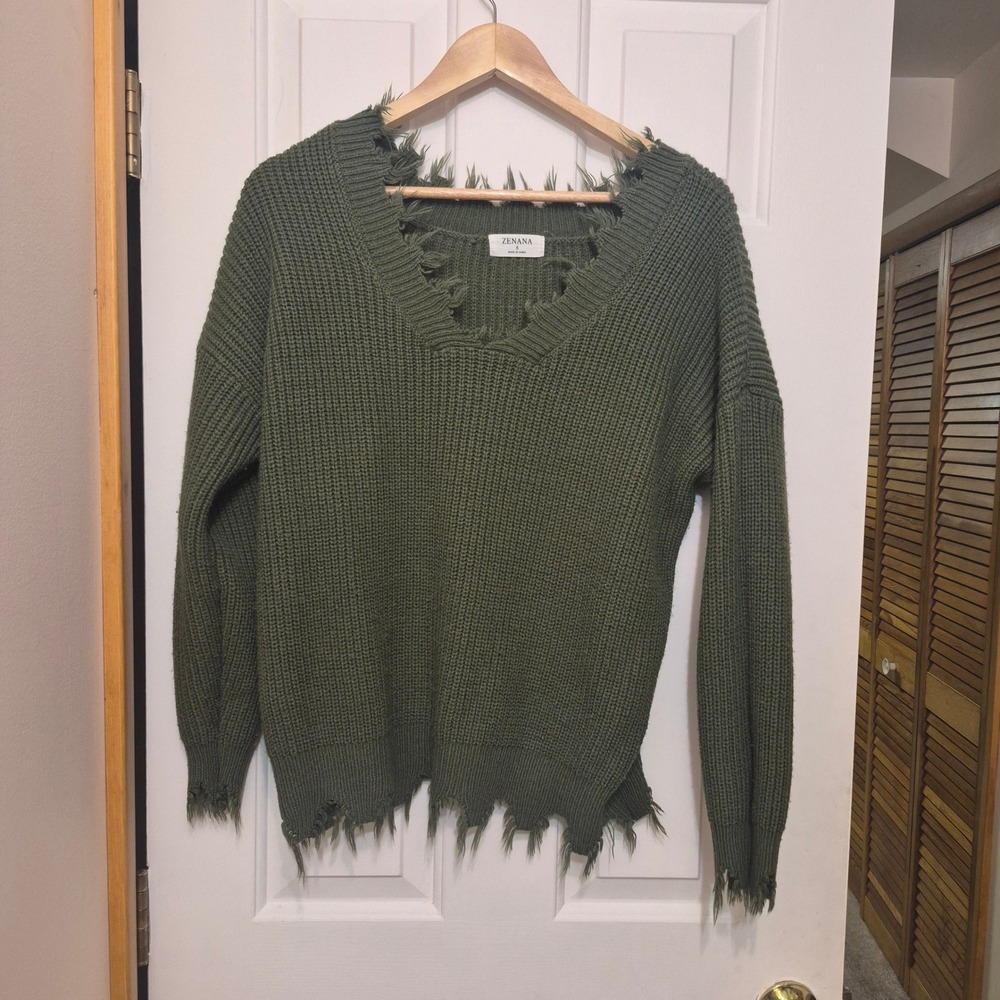 Zenana Women Olive Green Distressed V-Neck Shaker Knit Sweater TW-2006C5 Small